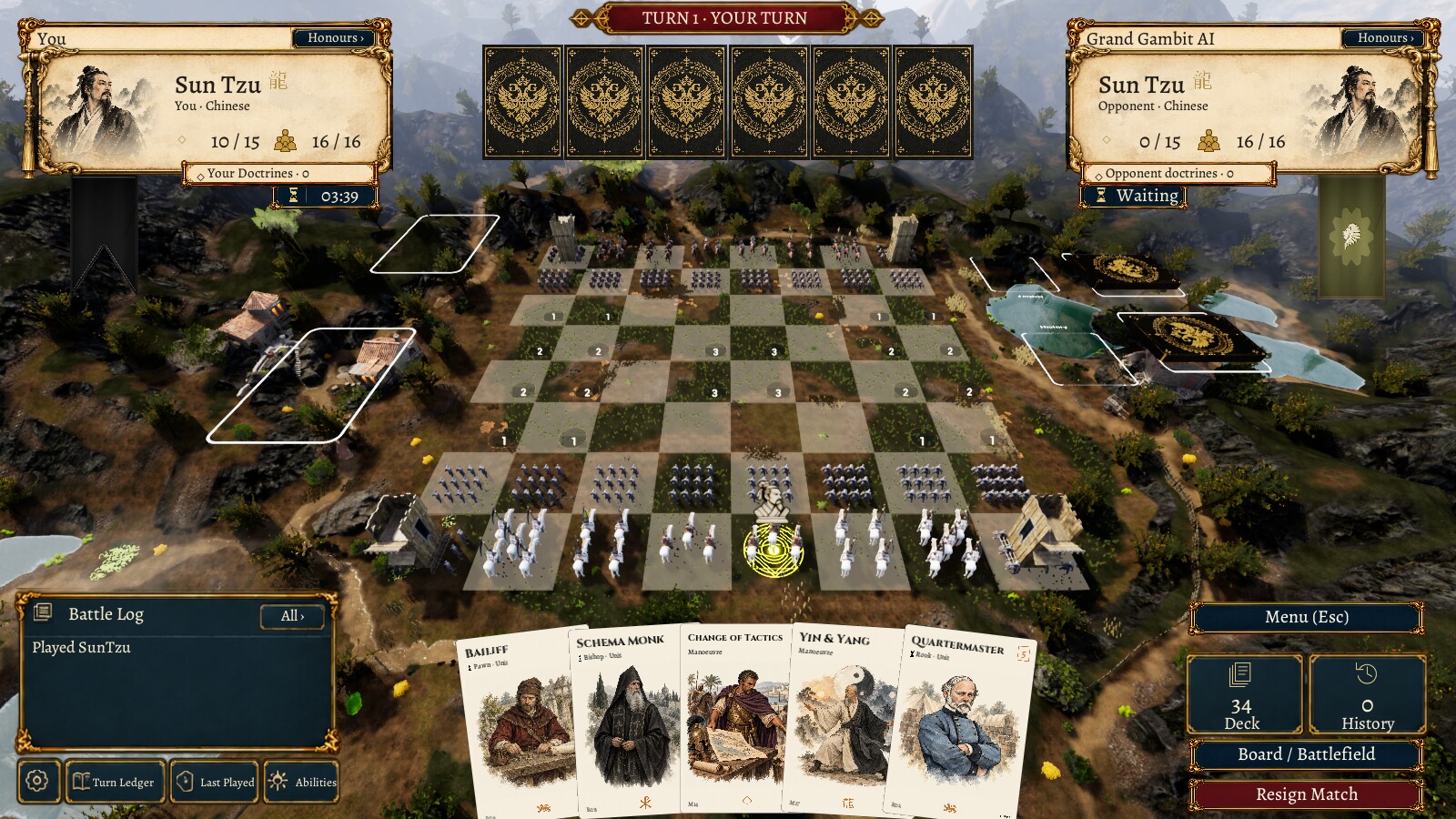 Grand Gambit in Unreal Engine: historical armies on a mountain battlefield, with cards and commander panels.